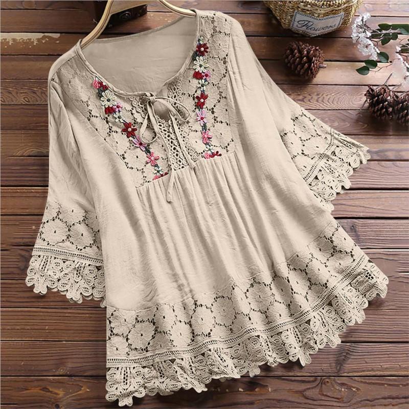 Sommerbluse Damen V-Ausschnitt Spitze Hemd Bluse Elegante Damenmode Lässig Dame Locker Leinenhemden