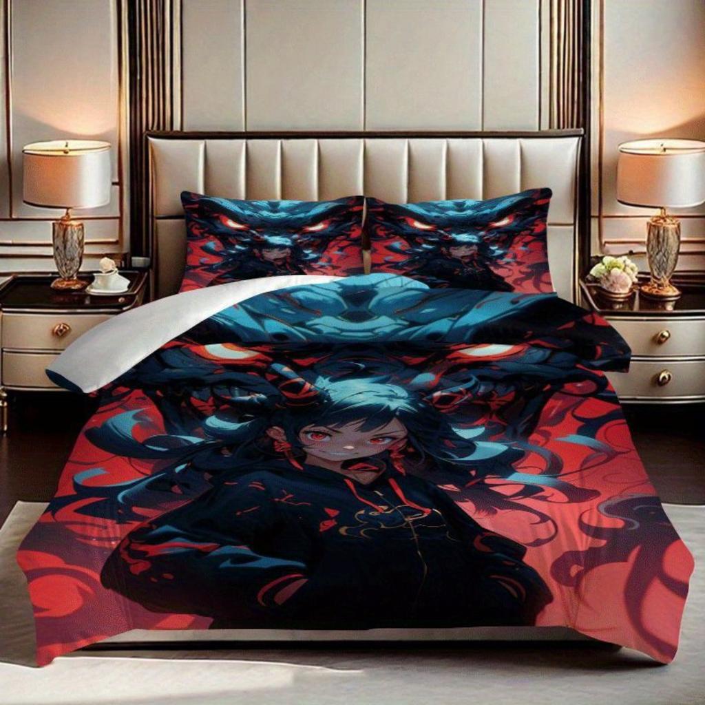 2/3pcs Dark Anime Girl Print Quilt Cover Set, Quilt Cover Set Contains Quilt Cover and Pillowcase - Perfect for Bedroom, Bedding
