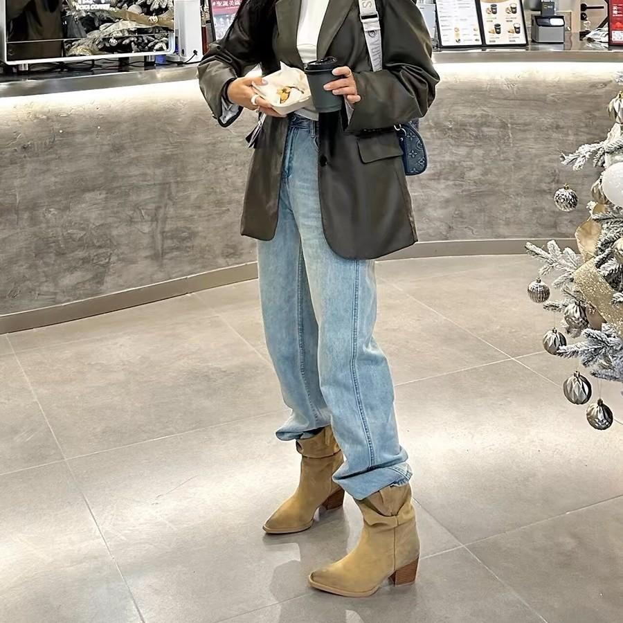 Cowhide Version~ Western Cowboy Boots Brown Pointed Head Suede Thin Pleated Stacking Boots V-mouth Thick Heel Medium Tube Short Boots Women