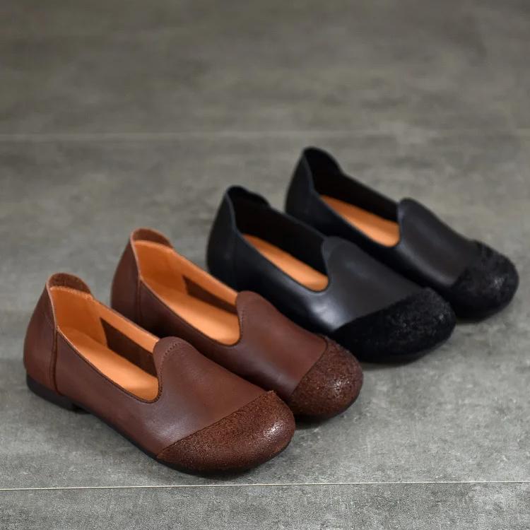 Johnature Versatile Retro Women's Slip-on Shoes Genuine Leather Round Toe Shallow Soft Soled Flat Shoes