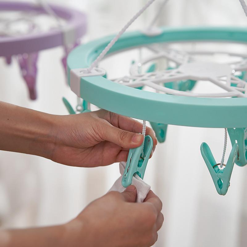 Durable Plastic Circular Hanging Drying Rack With 20 Clips For Socks Underwear Dorm Use