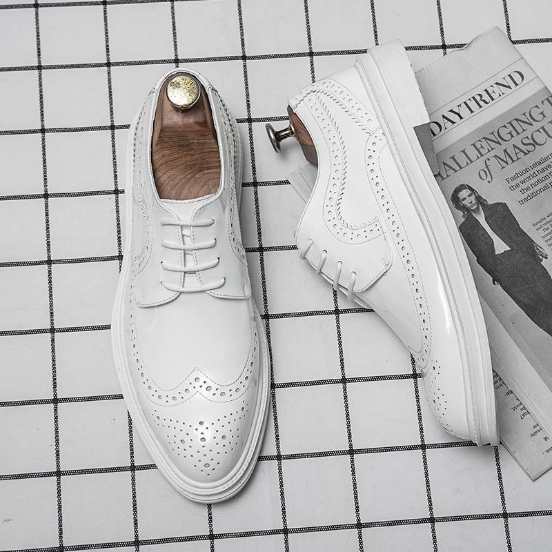 White Oxford Shoes Men's Lace-up Business Leather Shoes British Style Fashion Brogues Shoes Slip on Low-heeled Mens Dress Shoes