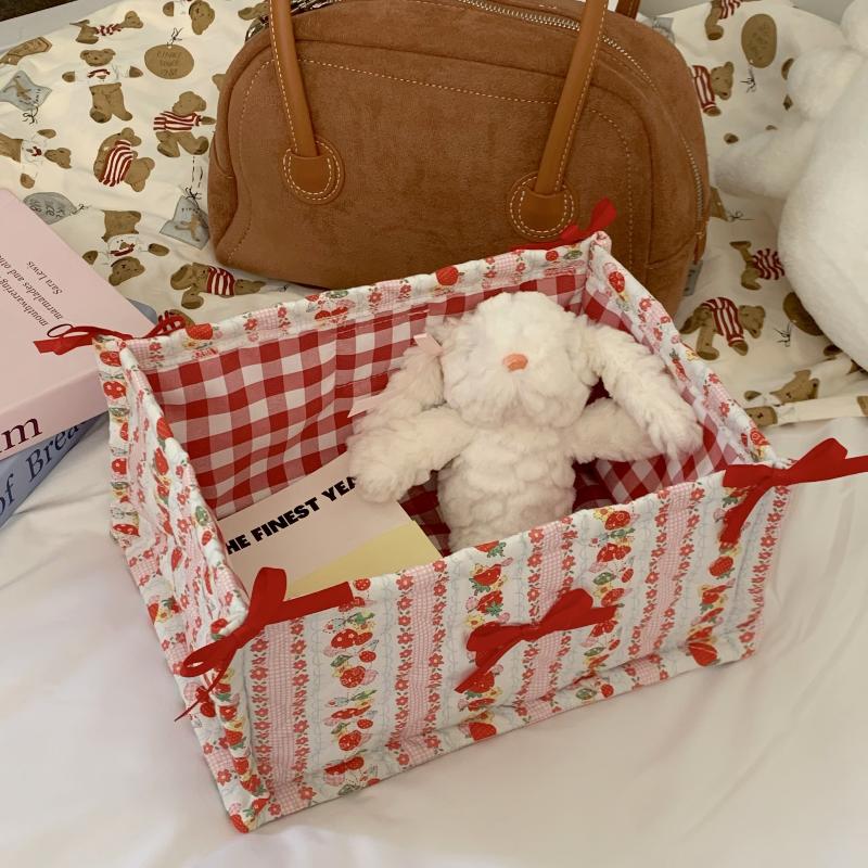 Square Storage Basket Lace Flower Desktop Organizer Storage Basket Korean Quilted Storage Basket Cute Storage Frame Decoration