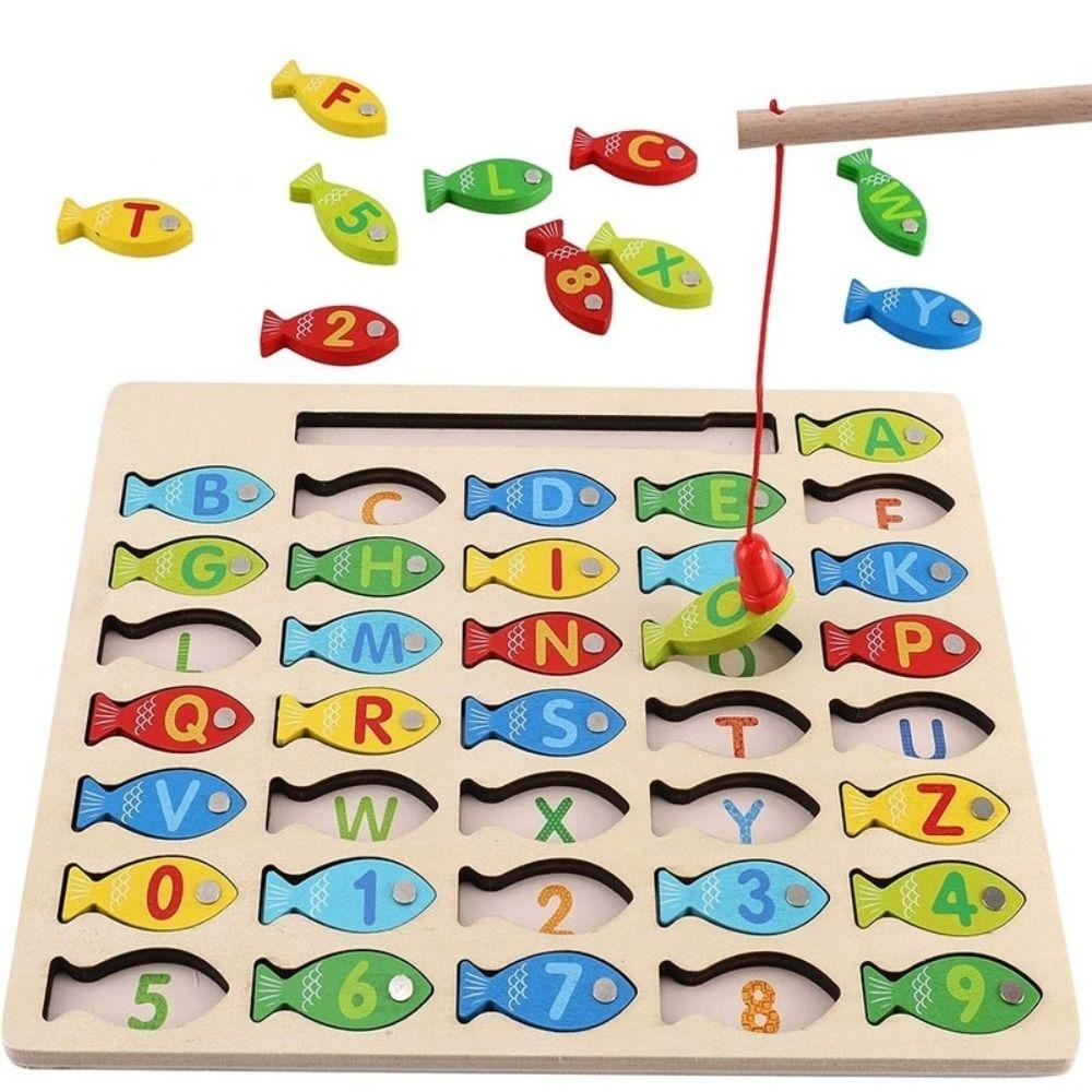 Wooden Kids Fishing Toys Early Educational Fishing Game Toy Letter Number Puzzle  Gift For Kids