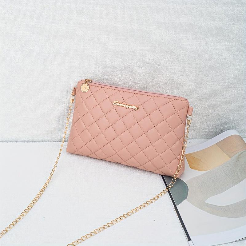 

Элегантная стеганая сумка кроссбоди с золотой цепочкой, из ПУ материала, на молнии и со съемным плечевым ремнем - идеально для городского стиля 1PC розовый