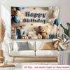 2D Neutral Blue & Beige Teddy Bear "Happy Birthday" Backdrop with Gifts & Balloons