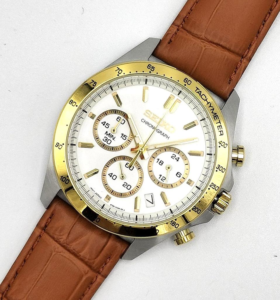 Seiko Chronograph Men's Watch with Genuine Leather Strap Set - White SBTR024/LB