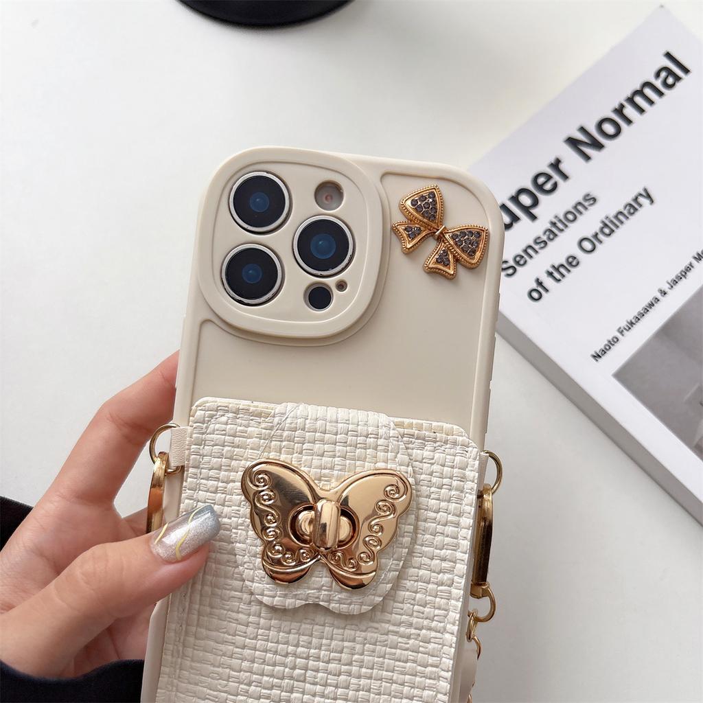 Cartoon Butterfly Crossbody Wallet Card Bag Phone Case for IPhone 16E 17 Air 16 Plus 15 14 13 12 11 Pro Max XS Protective Cover