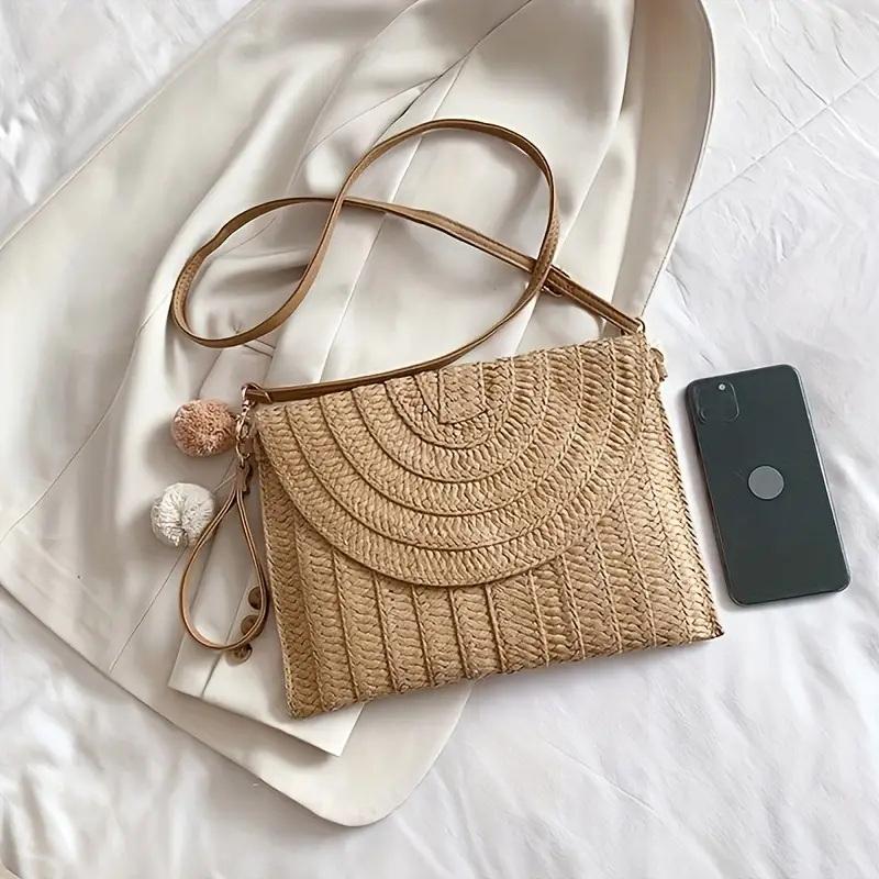 Handmade Straw Beach Shoulder Crossbody Bag Girls Envelope Woven Summer Small Hair Ball Cluth
