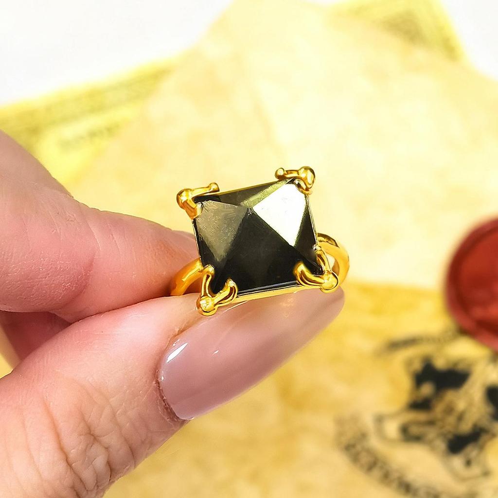 Harry Potter Resurrection Stone Open Ring - Copper Plated, 18K Gold, Color-Changing Lettering, Pyramid-Colored Gem.
