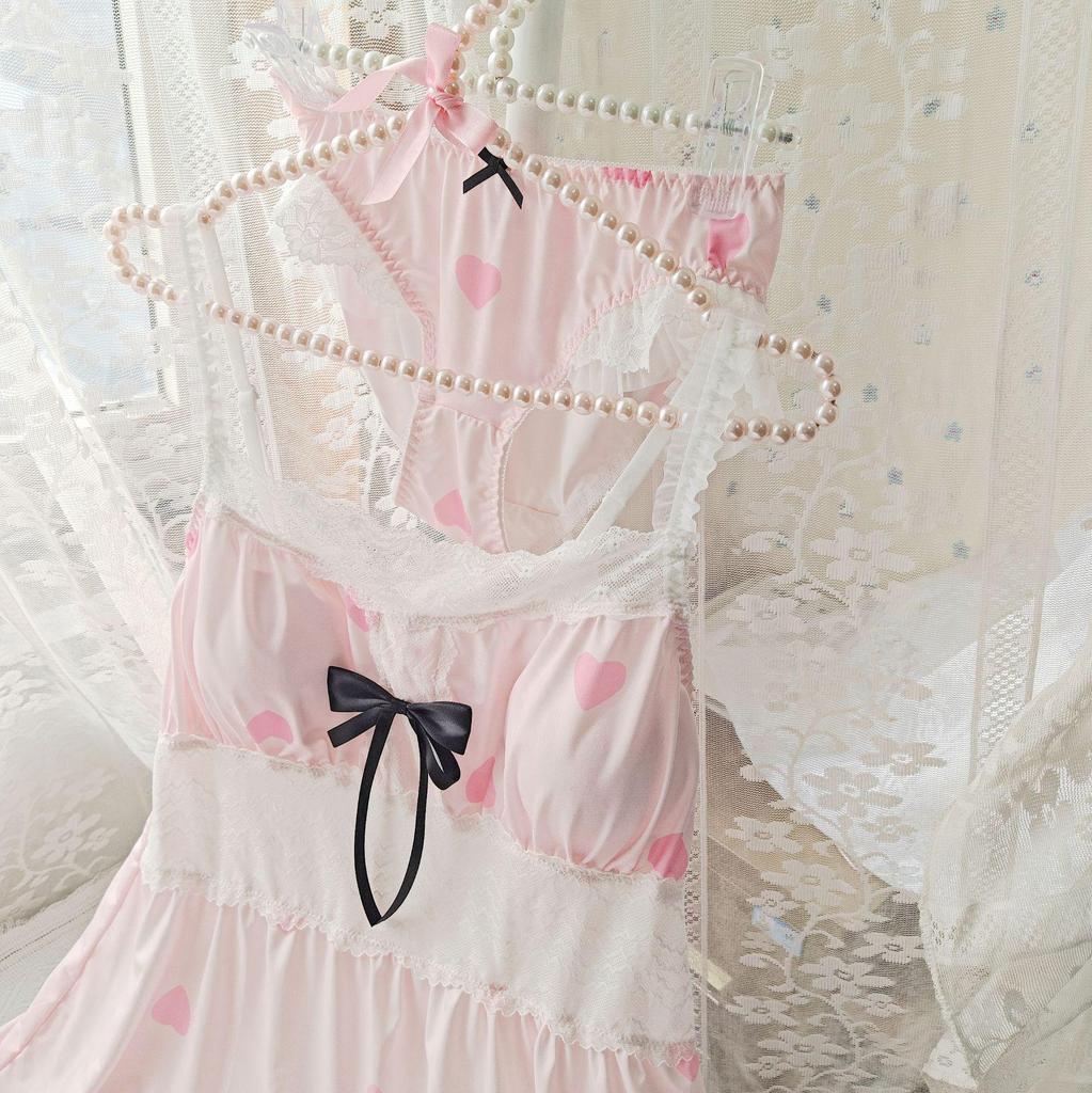 Women's Japanese Ice Silk Pajama Set: Printed Strappy Nightgown with Bow, Sweet Sexy Style, Includes Thin Bra Pads for Home Wear.