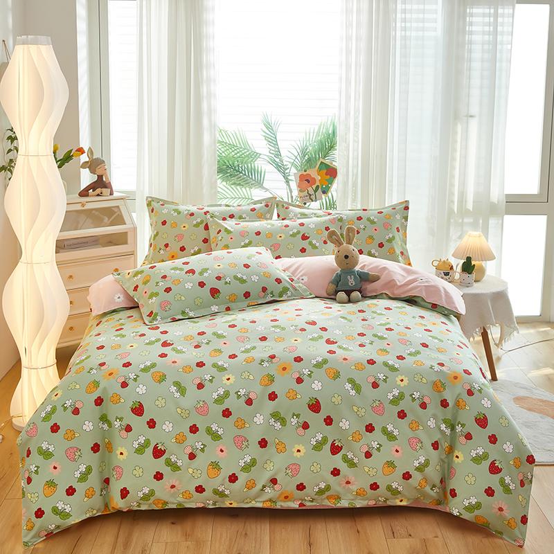 Kawaii Cartoon Dinosaur Duvet Cover Twin Queen Botanical Floral Bedding Set Pink Strawberry Comforter Cover with 2 Pillow Sham