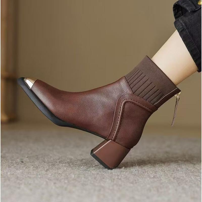 

2025 Новые ботильоны Стильный металлический квадратный носок Задняя молния Вязаные вставки Противоскользящие Износостойкие Эластичные ботинки 39 коричневый