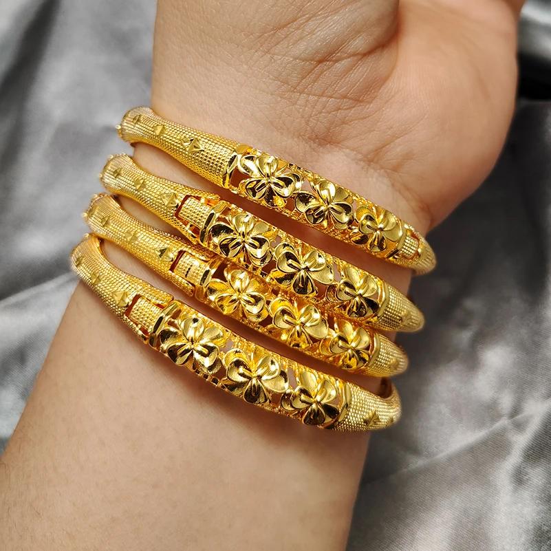 Dubai Gold Color Bangles for Women Men Fashion Flower Jewelry Wedding Party Luxury Quality Bridal Bracelets Gift
