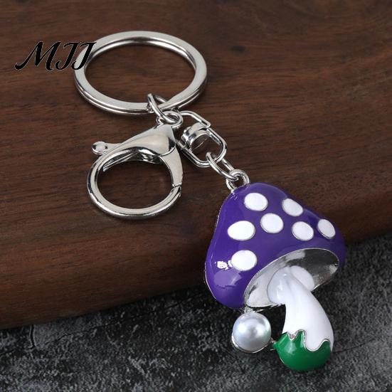 Faux Pearl Combination Keychain Zinc Alloy Pendant, Dripping Process Key Ring with Imitation Cartoon Charm Mushroom Shape, Multiple Colors Bag