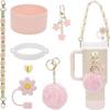 Straw Cap Silicone Insulated Cup Sleeve with Handheld Rope & Flower Pompon Pendant Set