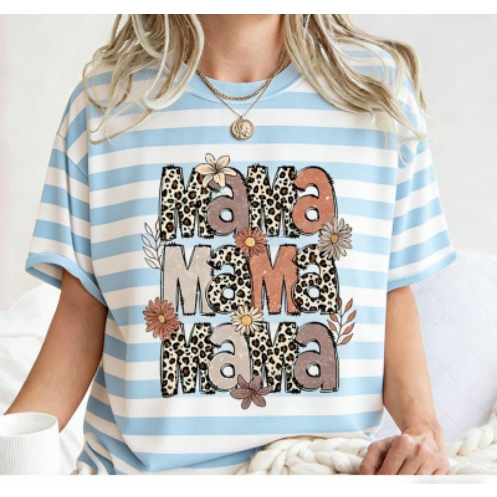 Fashion Funny Flower Leopard Mama Letter Print Women's Short Sleeves T-Shirt Loose Casual Summer Outdoor Street Women's Tees Tops