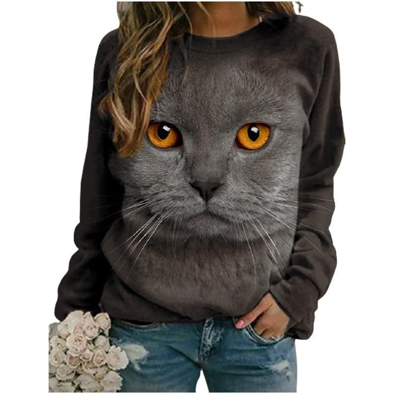 Höst 3D Katt Tryckta Sweatshirts Trendiga Casual Sport Långärmade Dam Sweatshirts