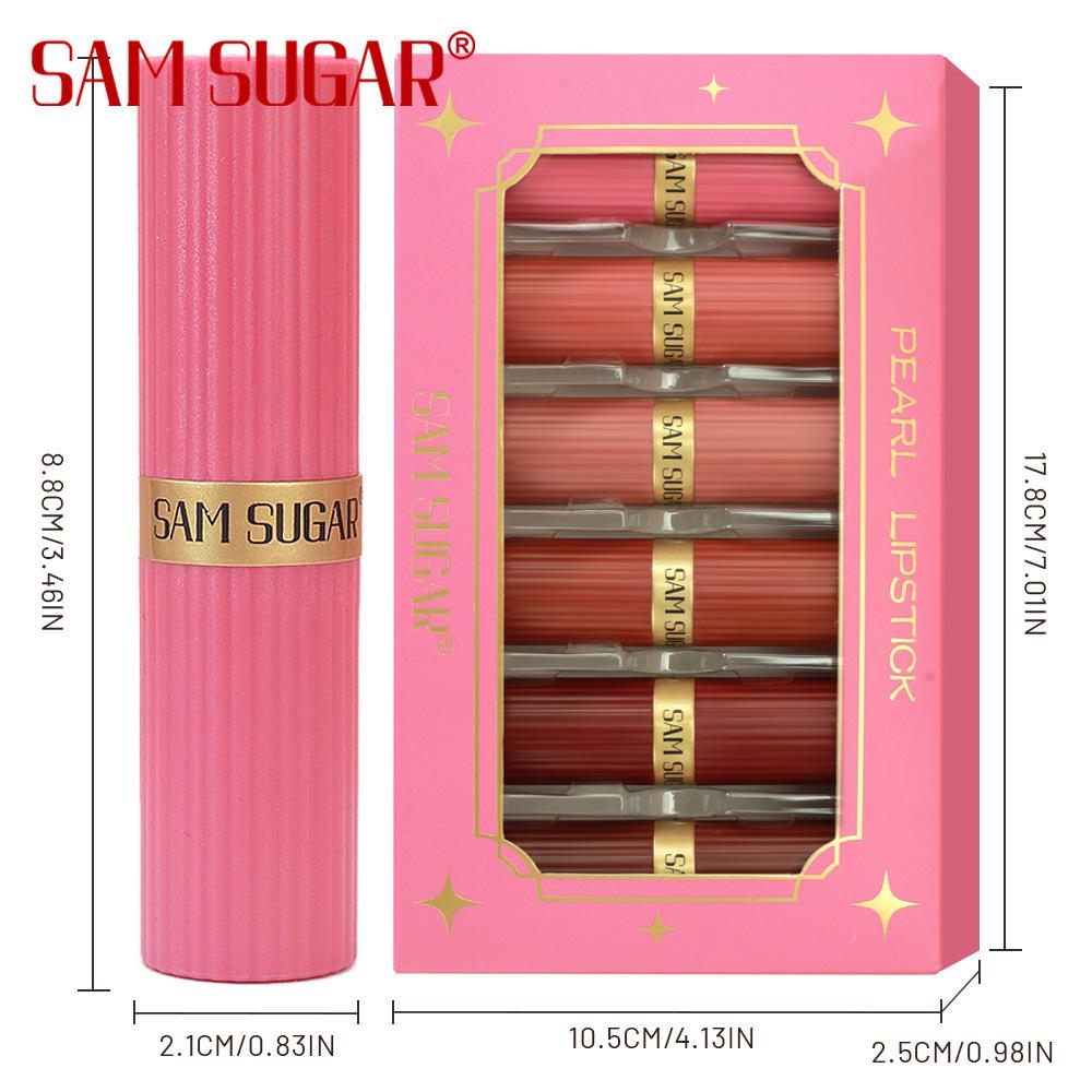 SAM SUGAR 6-Piece Diamond Lipstick Set: Pearlescent Matte, Long-lasting Fine Shimmer, Cross-border Color Makeup.