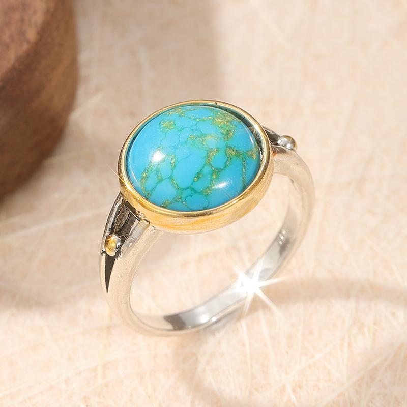 Vintage Round Copper Material Craftsman Makes Synthetic Turquoise Ring for Women Bohemian Ring Daily Matching Ring