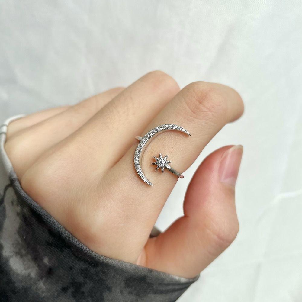 Rhinestone Star Moon Opening Rings Zinc Zinc Alloy Crescent Moon Ring Vintage Couple Ring  Men