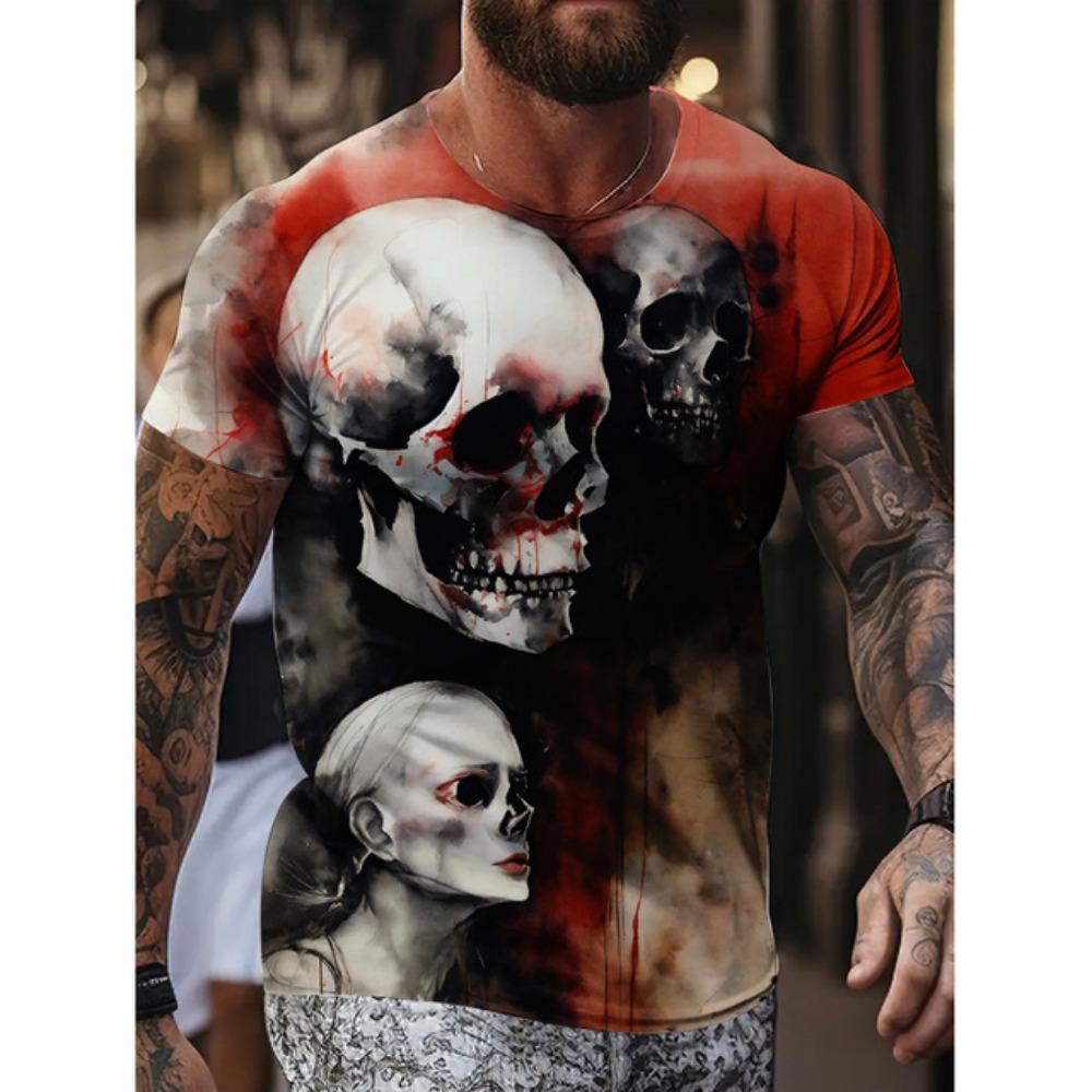New Men's Fun Skull Pattern T Shirt Suit Mob Skull Print Short Sleeve Summer Casual Loose Round Neck T Shirt Breathable Top
