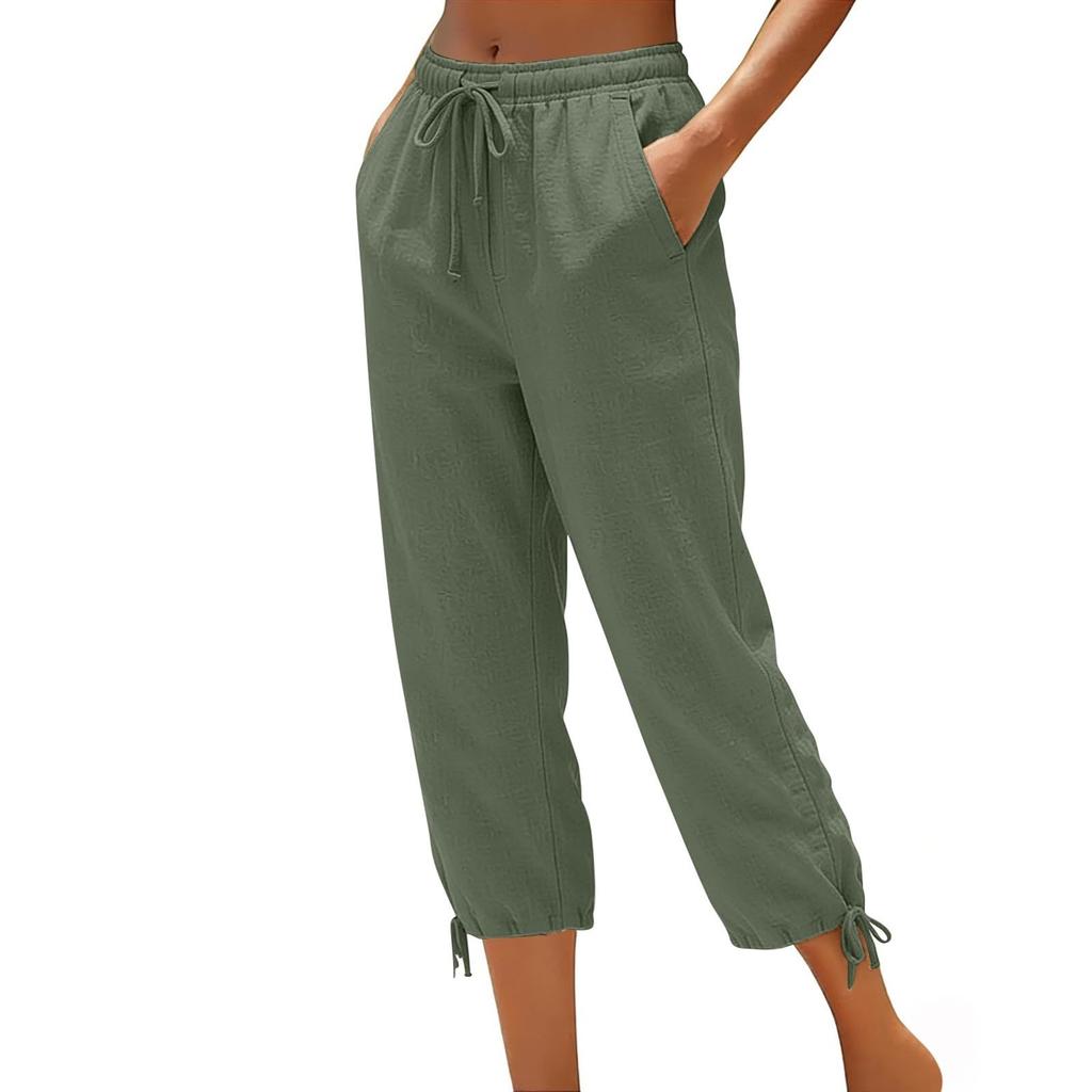 Women Drawstring Waist Cropped Pants with Adjustable Hem and Side Pockets Loose Fit Lightweight Casual Trousers