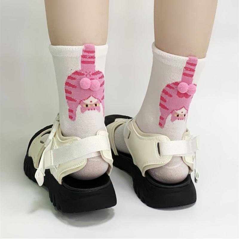 1Pair Cartoon Cute Cat Dog Balls Cotton Socks Kawaii Cat Dog Tinkerbell Egg Print Middle Tube Sock Female Lolita Knitting Socks