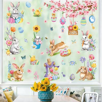 2 Sheets Easter Bunny Window Clings Cartoon Egg Stickers Cute Decoration For Home Classroom Nursery Shop Glass Display Decorations
