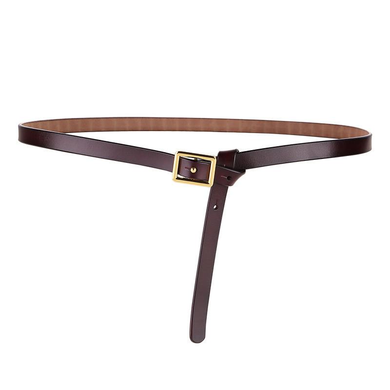 Genuine Leather Narrow Belt For Dresses With Silver Alloy Clasp For Office Outfits