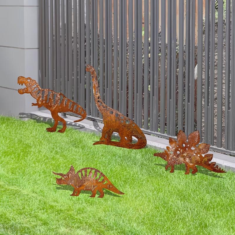 4Pcs Metal Rust Dinosaur Garden Stake Outdoor Garden Decor Ornament For Yard & Lawn Perfect Gift For Dinosaur Enthusiasts