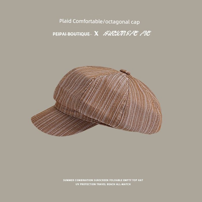 

K-style Retro Vertical Bar Octagonal Cap Big Head Circumference Show Face Little Wild Beret Minimalist Casual Sun-Proof Painter Cap Tide C2760 vertical octagonal cap QC camel M(56-58cm)