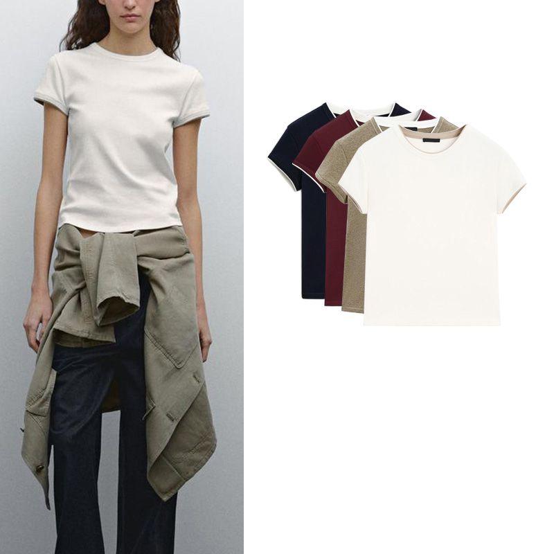 MD Summer New Product Women's Clothes Minimalist Style Cotton Rib Stitching Short round Neck Short Sleeve T-shirt Top 6234518