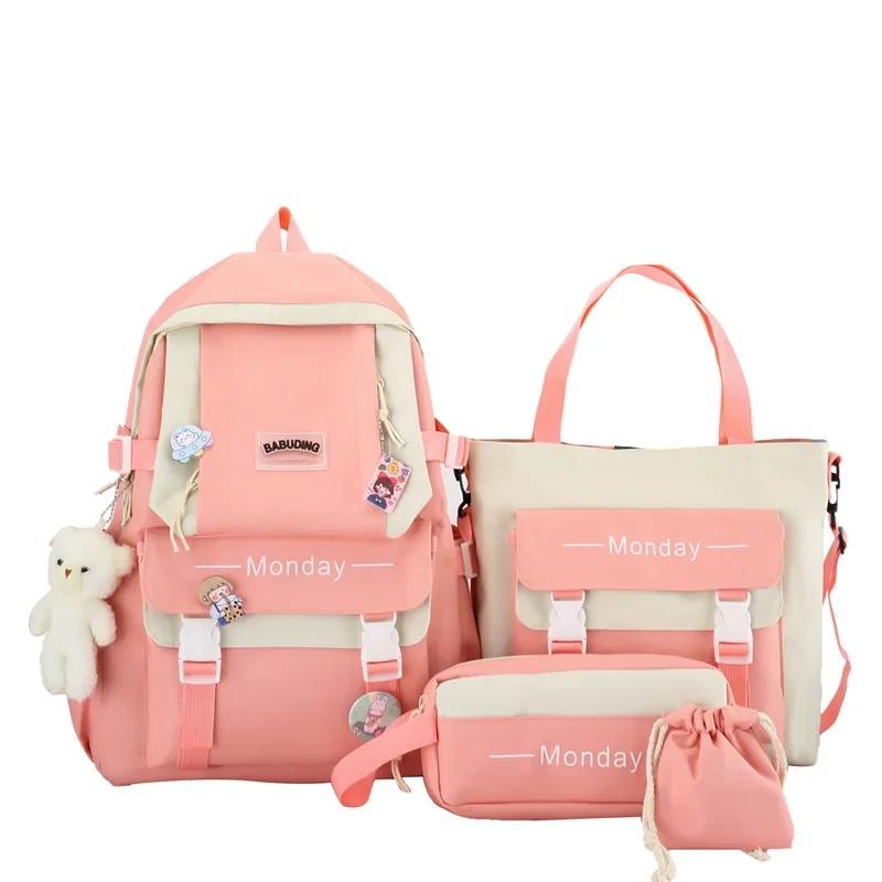 4 Set Korean High School Junior High School Elementary School Student Forest Style Versatile Backpack with Large Capacity Colors