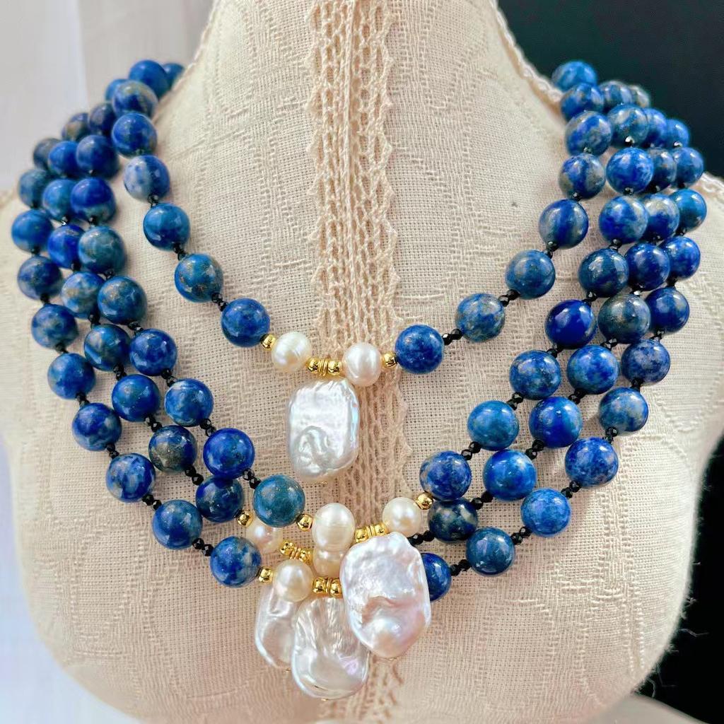 Vintage High Quality Natural Lapis Lazuli Sweater Chain Natural Freshwater Baroque Pearl Necklace