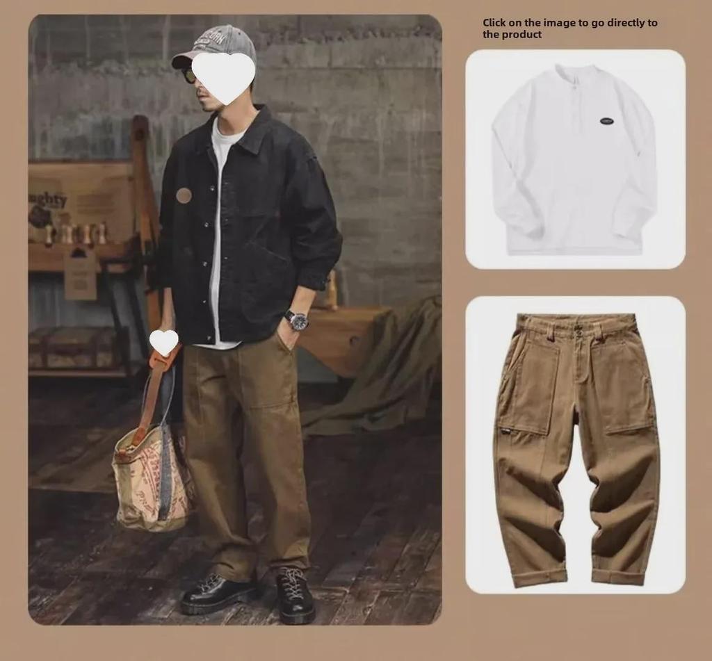 Pánská vintage hnědá voskovaná džínová lovecká bunda - Retro podzimní pracovní oděv, volný a trendy styl