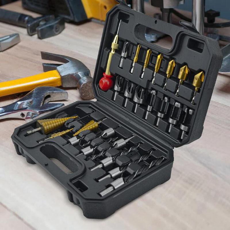 26ks Dřevoobráběcí stupňovitý vrták Tříbodová zápustná hmoždinka do dřeva Srážení hran Vrták Sada polohovačů středového razníku Nástroj na otvírání otvorů