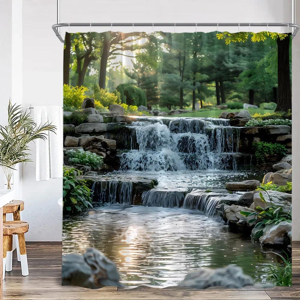 Modern Garden Landscape Shower Curtain Flower Plant Courtyard Bathroom Decoration Polyester Fabric Bathtub Shower Curtain