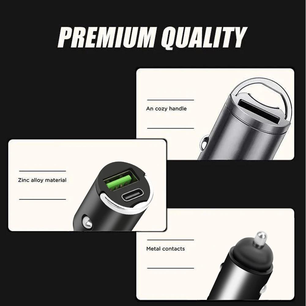 12V-24V Mini Car Charger Pull Ring Fast Charging USB C Car Phone Charger Adapter For iPhone Xiaomi Samsung Huawei