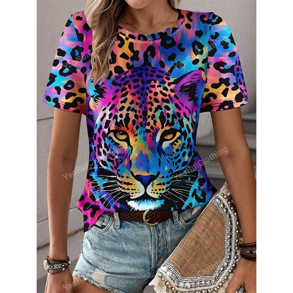 Colorful Leopard Print Women s T-shirt Urban Fashion Women s Leopard Print Short Sleeve Top Summer Everyday Casual O-neck T-shir XL
