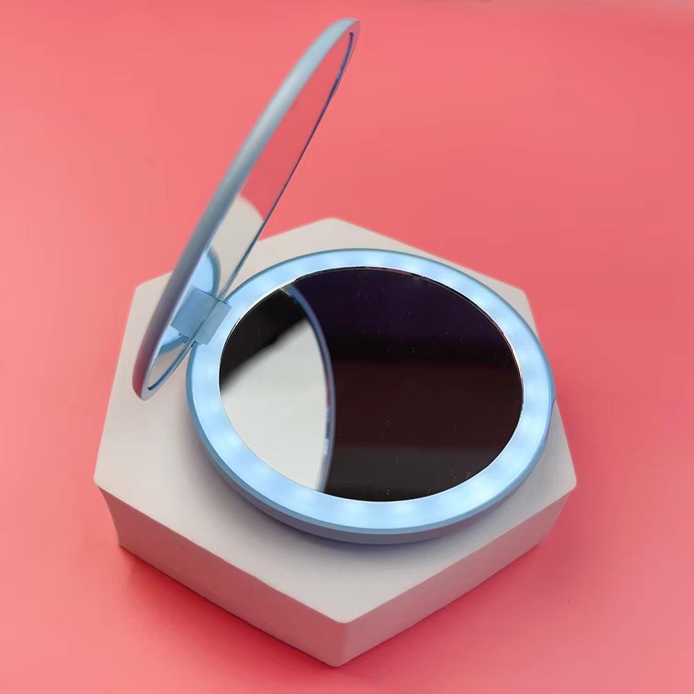 Pocket LED Makeup Mirror Round Portable Folding Small with Light Travel Handheld Cosmetic Compact 2X Magnifying Lighted Mirror
