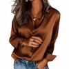 women's Shiny Satin Turn Down Collar Blouse Elegant Long Sleeve Shirt Casual Office Commute Wear Tops