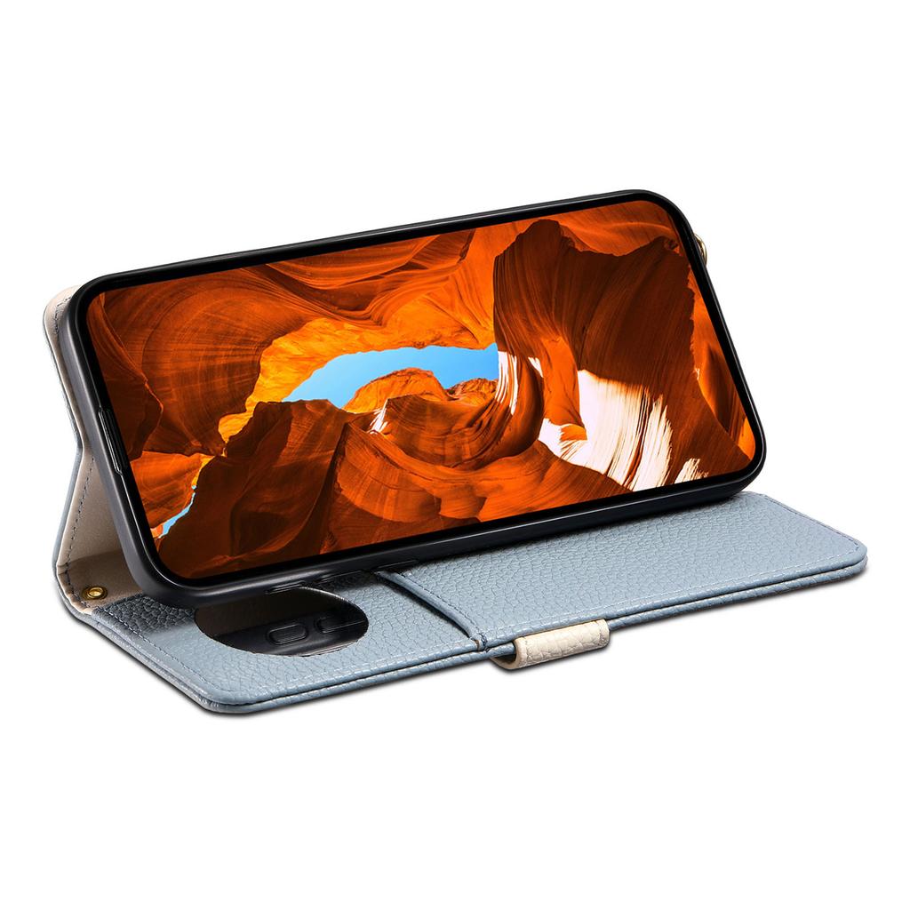 ESEBLE E11 For iPhone 14 Pro Max Case Zipper Pocket Litchi Texture Leather Phone Cover with Mirror and Wrist Strap