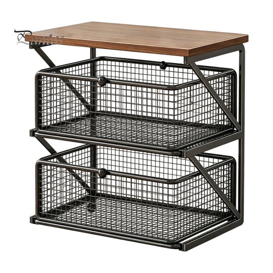 Coffee Pods Holder Station Organizer with Drawer, Tiered Bar Organizer, Wooden Top Shelf, Countertop Storage Rack Wire Mesh Drawers for Tea