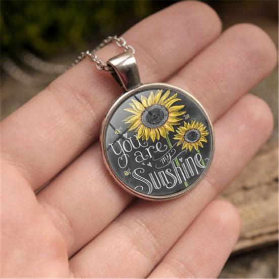 Vintage Sunflower You Are My Sunshine Cabochon Glass Chain Necklace Jewelry