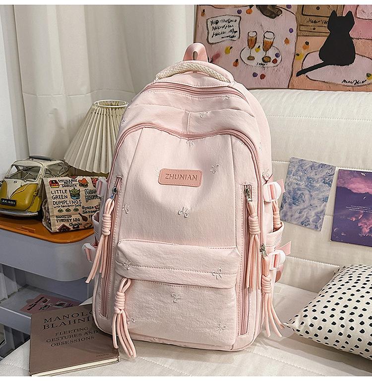 Schoolbag Cute Bow Embroidered Backpack Female Student Backpack Large Capacity Plush Pendant Elementary School Student Junior School Bag