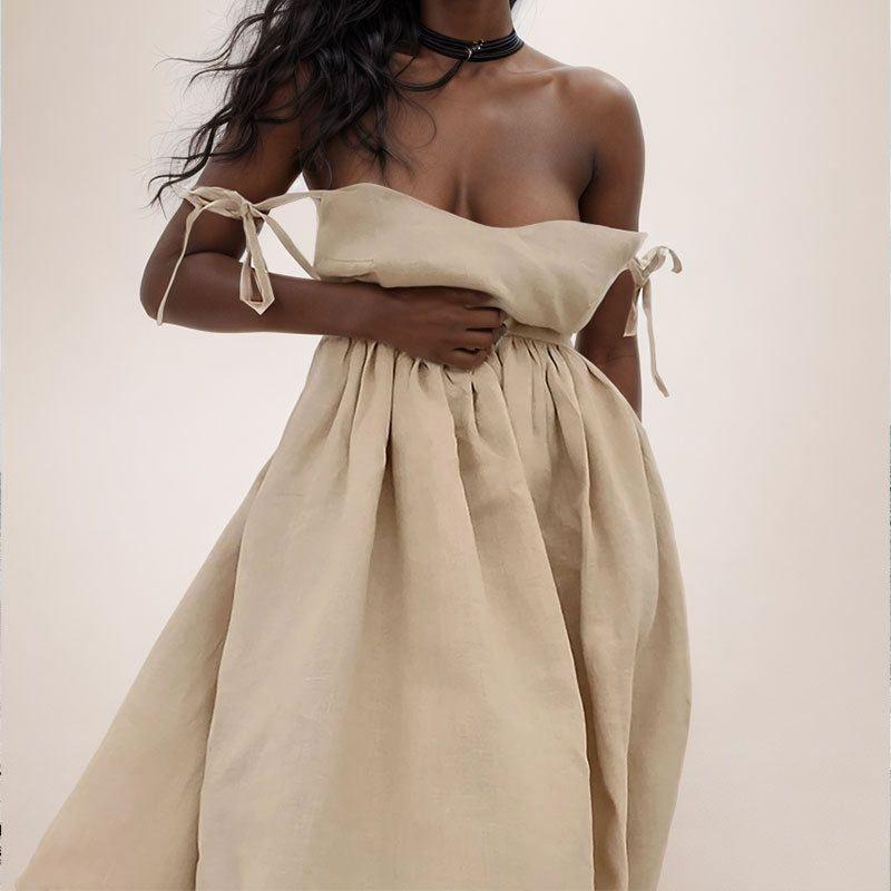 Amazon European and American Women s Clothing Backless Elegant Mori-Style Sexy V-Neck High-Waisted Fashion Spaghetti Strap European and American Dress Khaki M