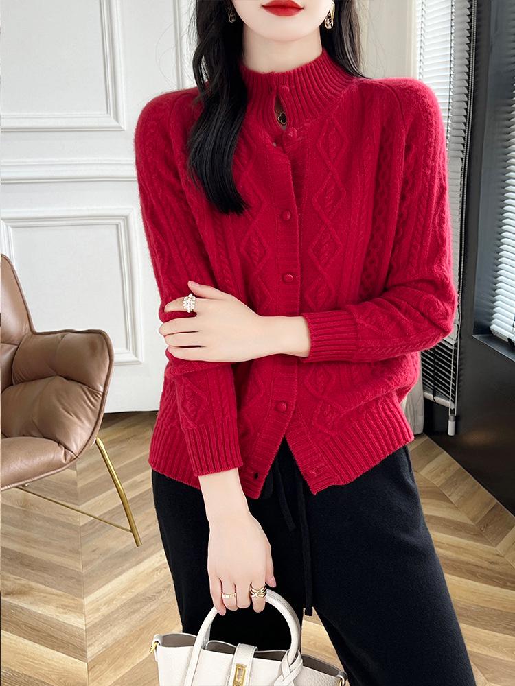 Heavy Knit Half High Neck Slim Fit Cashmere Cardigan Sweater for Spring & Autumn