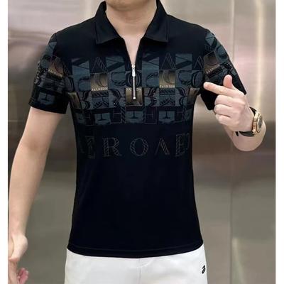 Summer Ice Silk Heavy-duty Letter Plaid Print Round Neck Men's Short Sleeve T-shirt Fashion Light Luxury Half Sleeve Polo Shirt