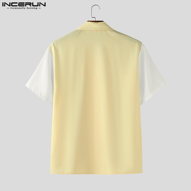 INCERUN Men Lapel Neck Short Sleeve Button Down Floral Print Stitching Casual Shirts Tops